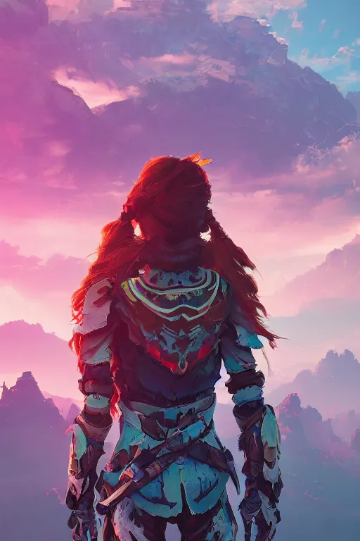 Image similar to combination suit armor aloy horizon forbidden west horizon zero dawn radiating a glowing aura global illumination ray tracing hdr fanart arstation by ian pesty and alena aenami artworks in 4 k tribal robot ninja mask helmet backpack