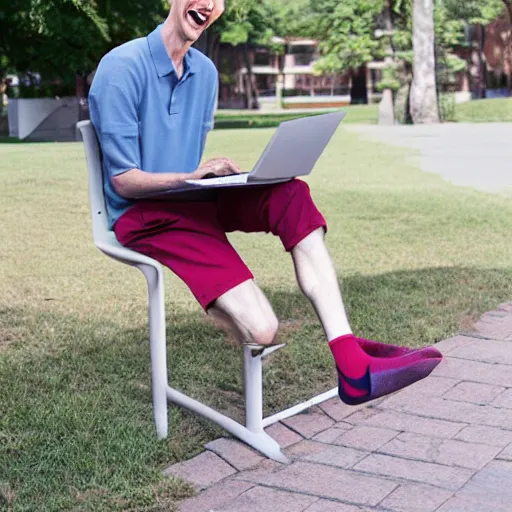 Prompt: tall pale skinny caucasian man with curly blonde hair with mismatching socks and capri pants holding laptop computer and laughing