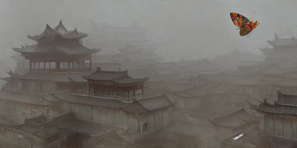 Prompt: on a hazy, overcast morning, a giant butterfly perched on the roof of an ancient chinese building, by craig mullins