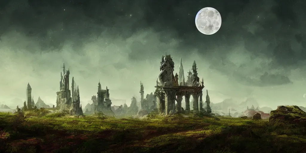 Image similar to The great intricate marble wizards tower, painted landscape, green fields in the background, moody lighting, moon in the night sky, sharp image, 4k, artstation, colorful digital art