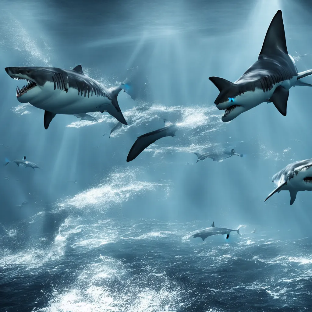 Prompt: great white sharks lurking in the deep ocean, volumetric lighting, sun rays