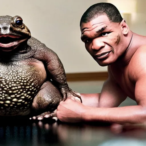 Image similar to a giant toad sitting with mike tyson in a large hotel room, movie directed by martin scorsese and christopher nolan, masterpiece, 8 h
