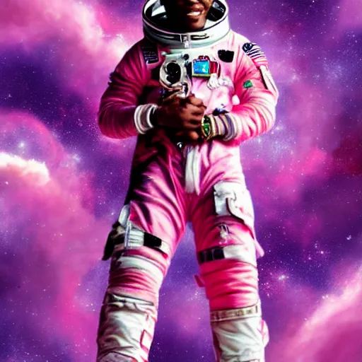 Prompt: Full body portrait of Lil Uzi Vert wearing a pink spacesuit, art by Yoshitaka Amano, matte painting, trending on artstation, space clouds art