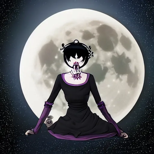 Image similar to goth girl wearing a gothic dress and a gas mask meditating in front of the moon drawn by naoko takeuchi, highly detailed, octane render