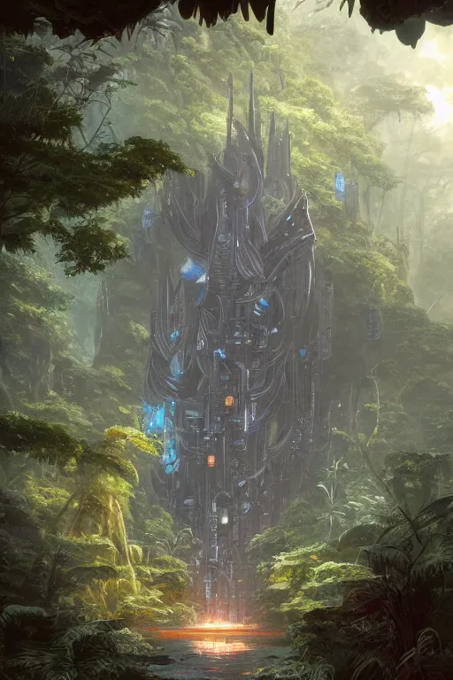 Image similar to a view of a frigate space ship in a magical tropical rain forest, D&D, fantasy, intricate, cinematic lighting, highly detailed, digital painting, artstation, concept art, smooth, sharp focus, illustration, art by Terry Moore and Greg Rutkowski and Alphonse Mucha