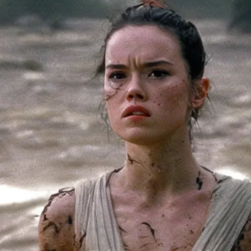 Prompt: film still, close up, daisy ridley as rey rising out of muddy vietnam river with a fierce look, face covered in mud, low camera angle at water level, night time, film still from apocalypse now ( 1 9 7 9 ), 2 6 mm.