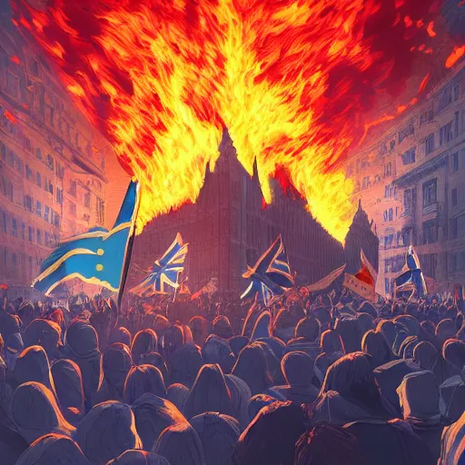 Prompt: people violently protest in London, burning buildings, Brexit flag in flames, 2d, ultra highly detailed, digital painting, smooth, sharp focus, artstation, pixiv, art by Ilya Kuvshinov