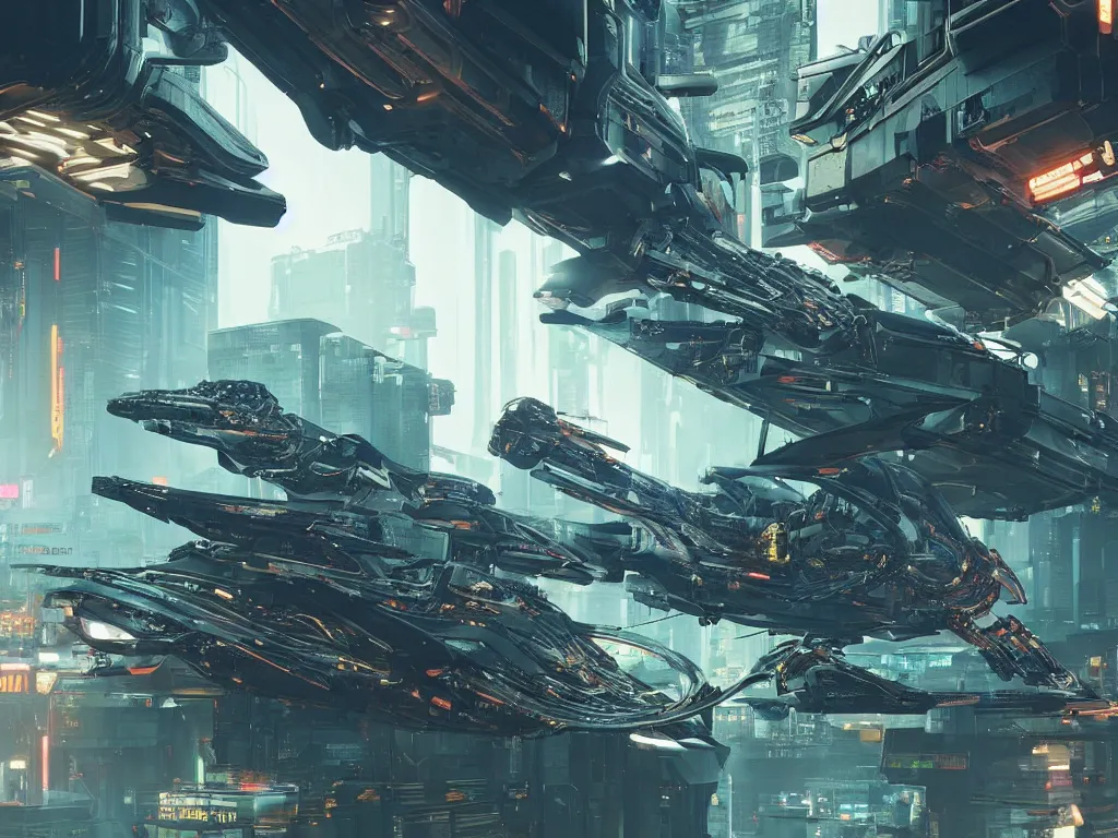 Image similar to ( cyberpunk 2 0 7 7, bladerunner 2 0 4 9 ) scientists creating an artificial alien highly detailed futuristic biomechanical thick smooth quad wing combat spaceship in their spaceship lab, hyper realistic, highly detailed, sharp focus, depth of field, photography, natural light,, ultra detailed, photorealistic, by brian sum and annie leibowitz, - t