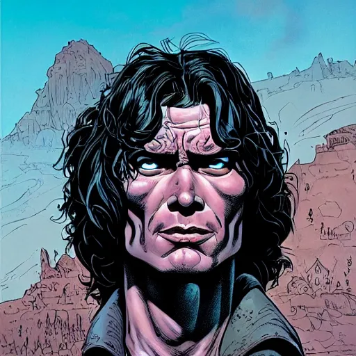 Prompt: precisely drawn illustration of Conan blended with Jim Morrison, wide angle, sharp, fine details, French comic style, vibrant realistic colors, full color, heroic fantasy, intense line art, 8k, precise linework, realistic, in the style of Heavy Metal Comics and Richard Corben and Moebius