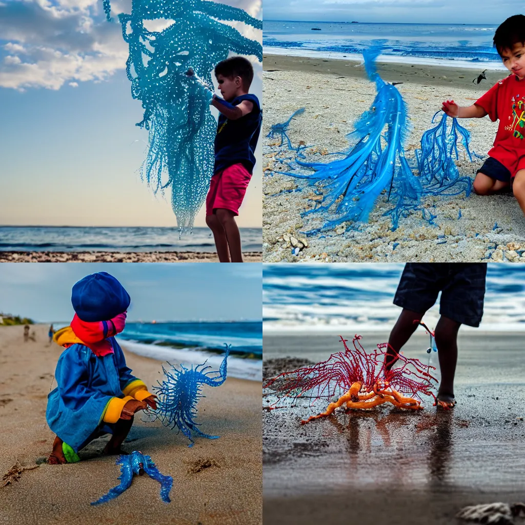 Prompt: child playing with a portugese man o' war on a beach, 4K photo, instagram