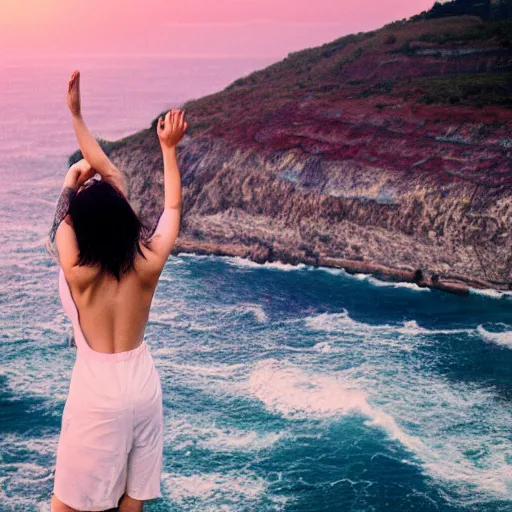Prompt: kodak portra 4 0 0 photograph of a beautiful young woman standing on a cliff edge over the ocean, back view, arms raised, wavy dark hair, moody lighting, intricate geometric tattoo on her back, telephoto, 9 0 s vibe, blurry background, vaporwave colors, faded!