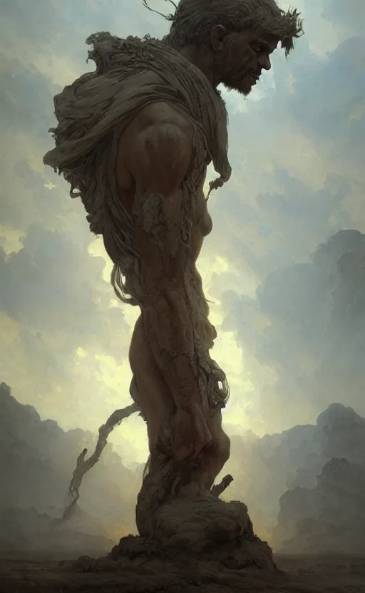 Image similar to an ancient man made of dust and earth, a mythological being that came from mud and clay, a pagan creation, gigantic, incomprehensible and frightening, trending on artstation, volumetric lighting, atmospheric portrait, highly detailed, art by greg rutkowski and alphonse mucha