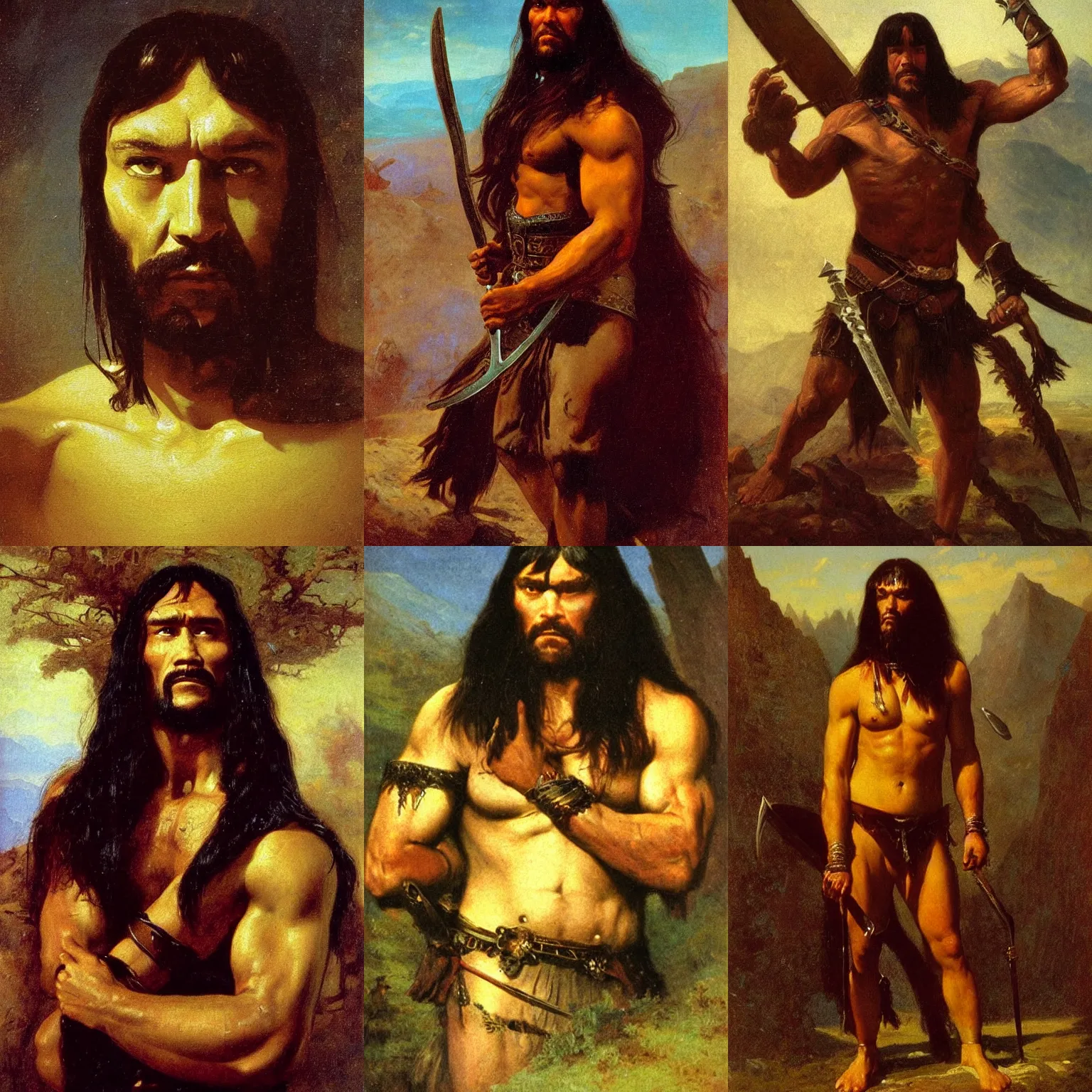 Prompt: portrait of conan the barbarian, painting by albert bierstadt