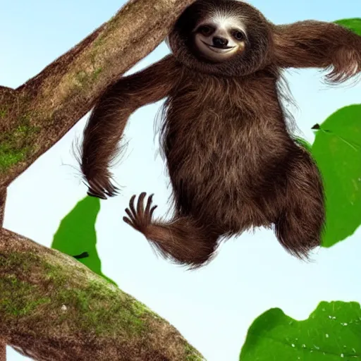 Prompt: an energetic young sloth with big eyes swinging on a vine