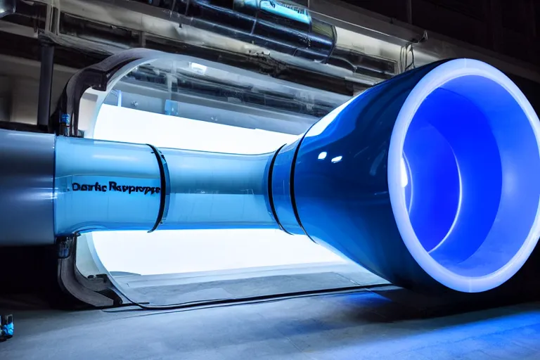 Prompt: dark blue transparent plastic hyperloop pipe opening glowing in the dark space capsule