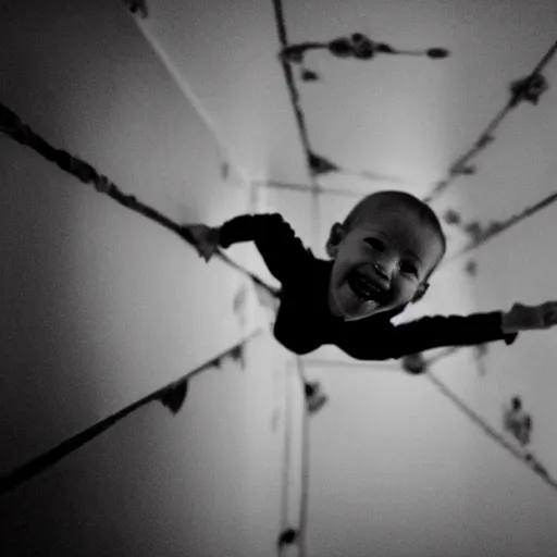 Prompt: an old photograph of a child on the ceiling with a wide grin and spider legs