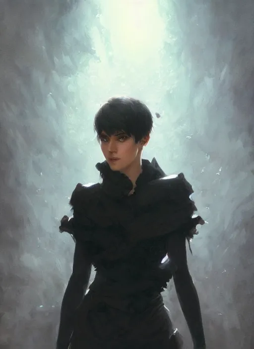 Image similar to girl with black hair, pixie haircut, beautiful highly detailed face, complementary lighting, backlit, dramatic lighting, beautiful painting by artgerm and greg rutkowski and raymond swanland