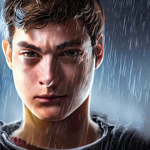 Image similar to Peter Parker open his mask , wet face , heavy rain ,dramatic, intricate, highly detailed, concept art, smooth, sharp focus, illustration, Unreal Engine 5, 8K