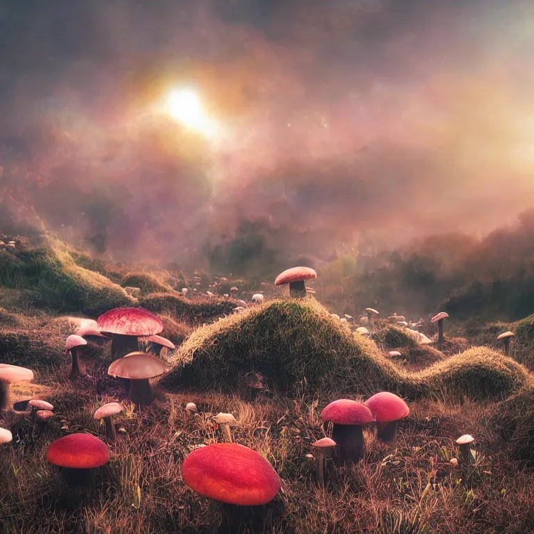 Prompt: a planet of various fungus, mushrooms and plants, inside the picture is infinity, sunset light, Atmospheric phenomenon, artistic photography, muted colors, conceptual, long exposure outside the city, volumetric light