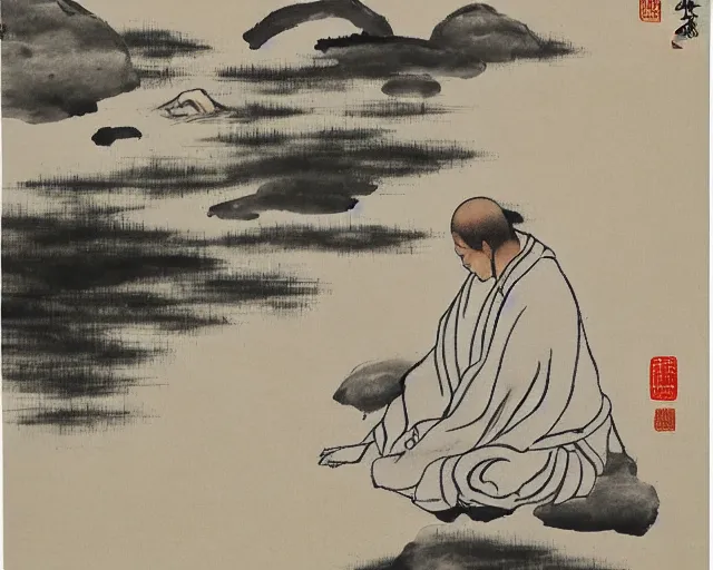 Image similar to zen monk meditating by a river, chinese landscape, traditional chinese ink painting,