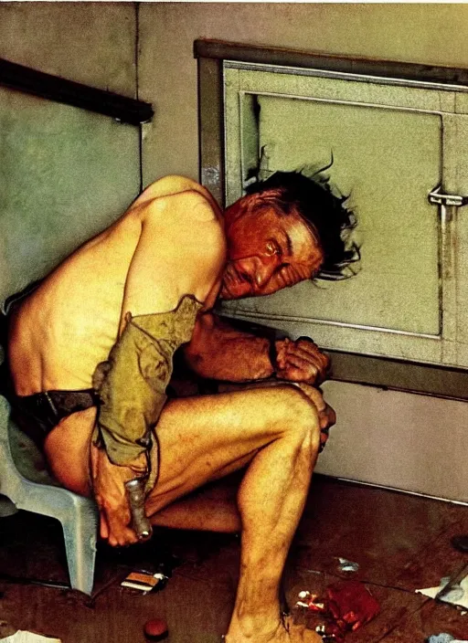 Image similar to dennis hopper crawling around on the floor of a dingy apartment, painted by norman rockwell and tom lovell and frank schoonover, green, dystopian