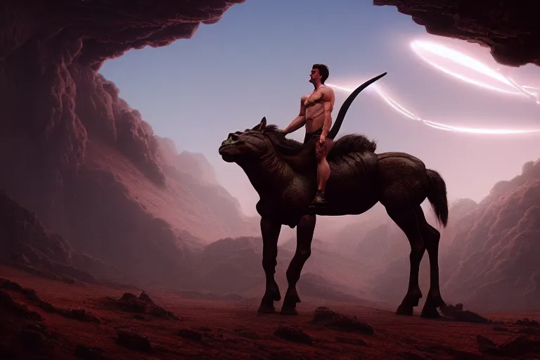 Image similar to a cinematic shot of a centaur centaur centaur, chimera, tom cruise torso, majestic matte painting, by Beeple, Gustave Dore, Artstation, CGsociety, Tom Cruise, masterpiece