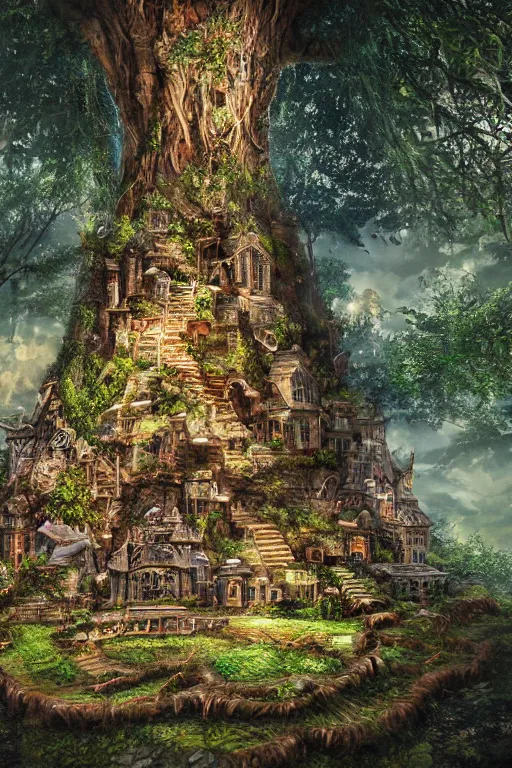 Prompt: fantasy art of a miniature city built into the trunk of a single colossal tree in the forest, close - up, low angle, wide angle, awe - inspiring, highly detailed digital art