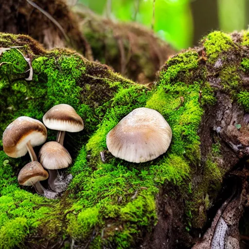 Image similar to mushrooms growing from cracks in a fractured skull, mossy, in the forest