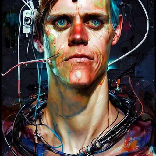 Image similar to zach greinke as a cyberpunk hacker, wires cybernetic implants, in the style of adrian ghenie, esao andrews, jenny saville, surrealism, dark art by james jean, takato yamamoto