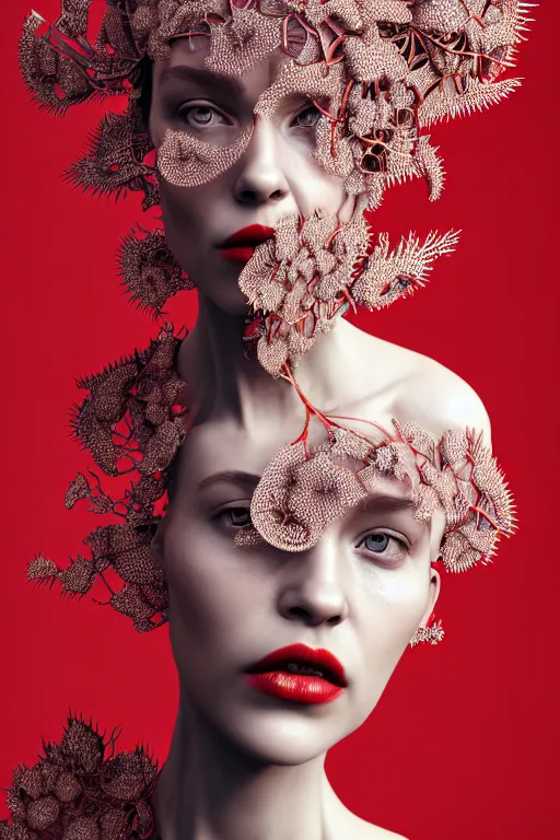 Image similar to complex 3 d render, hyper detailed ultrasharp beautiful biomechanical mandelbrot fractal filigree mesh wire female cyborg portrait with a porcelain profile face, elegant crown with big hydrangea foliage leaves stems roots, red lips, alexander mcqueen haute couture, art nouveau fashion, octane render, 8 k