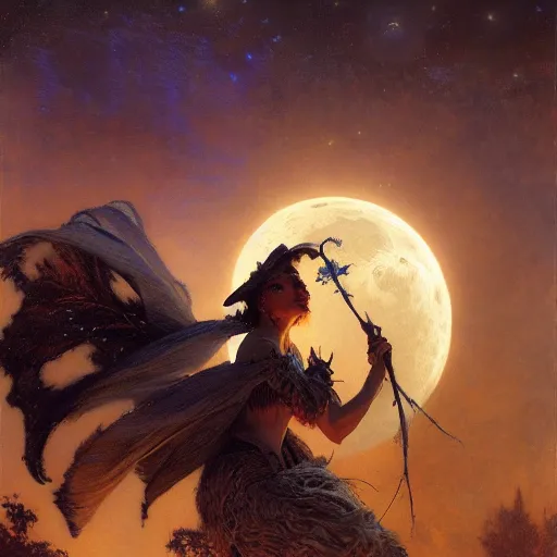 Prompt: witch flying, trough the night, fantasy, full moon in background. highly detailed painting by gaston bussiere, craig mullins, j. c. leyendecker 8 k