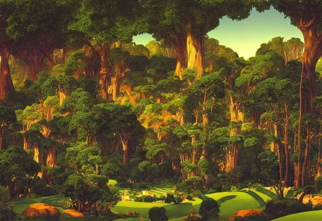 Prompt: Lothlorien at night, elven forest town with houses in the trees, as painted by Maxfield Parrish, Roger Dean