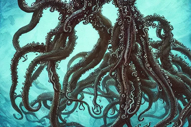 Image similar to old god eldritch horror terrifying the deep abyss of the ocean floor, epic scene, underwater photography, hyper - detailed, gigantic cthulhu, swarm of tentacles, dark art, watercolor paint, epic composition