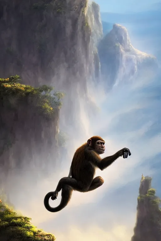 Image similar to a monkey standing at the top of a cliff throwing a bone in the air , dramatic lighting, cinematic, establishing shot, extremly high detail, photorealistic, cinematic lighting, artstation, style by James Gurney