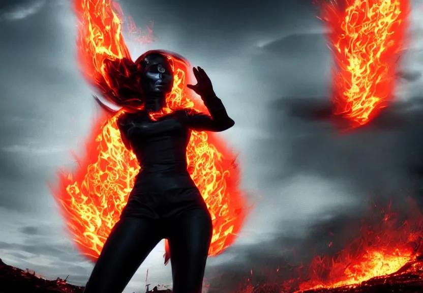 Image similar to low angle shot of a Woman made of black flames, wearing a strict business suit, with no face, with no mouth, with glowing red eyes, with a red halo over her head, with red halo, in an action pose, fiery waves around her, surrounded by war, authoritarian, tense, madness combat, strong dramatic cinematic lighting , blood red sky, harsh dark clouds, grey skin, smooth, sharp focus, extremely detailed, illustration, digital painting, artstation, sharp focus, by Godmachine and Annie Swynnerton and Nicholas Roerich