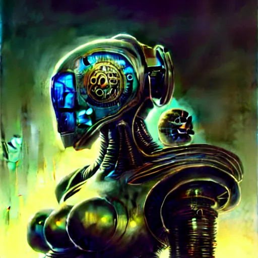 Image similar to low angle shot of a cyberpunk gazmask robot character, intricate, elegant, highly detailed, centered, digital painting, artstation, concept art, smooth, sharp focus, illustration, artgerm, Tomasz Alen Kopera, Peter Mohrbacher, donato giancola, Joseph Christian Leyendecker, WLOP, Boris Vallejo