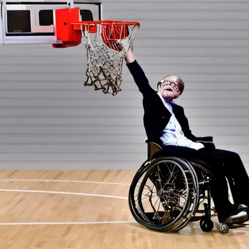 Image similar to photograph of stephen hawking in a wheelchair flying in the air dunking, highlights of the 2 0 1 9 nba slam dunking contest