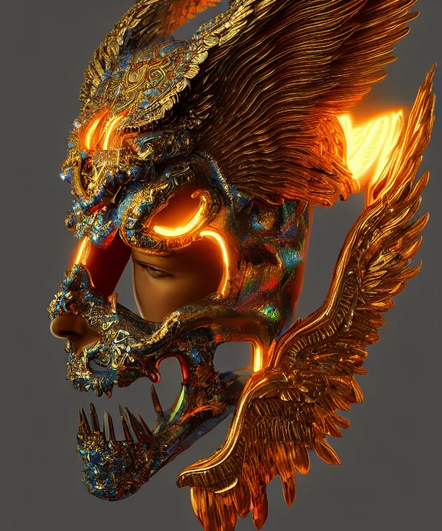 Prompt: surrealistic, portrait of a fallen angel, iridescent detail, 3 / 4 profile beautiful sideways, 6 - winged goddess, glowing intricate phoenix ram skull mask, created by tooth wu and wlop. octane rendering, popular on artstation, greg rutkowski film, surreal, high detail, octane rendering, 8 k,