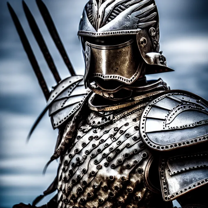 Prompt: photo of a warrior with metal eagle themed armour, highly detailed, 4 k, hdr, smooth, sharp focus, high resolution, award - winning photo