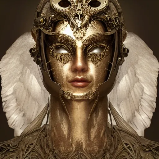 Image similar to Very very very very highly detailed epic photo of angelic face with venetian mask, intricate, dystopian, sci-fi, extremely detailed, digital painting, artstation, concept art, smooth, sharp focus, illustration, intimidating lighting, incredible art by Anton Pieck, Octane render in Maya and Houdini VFX