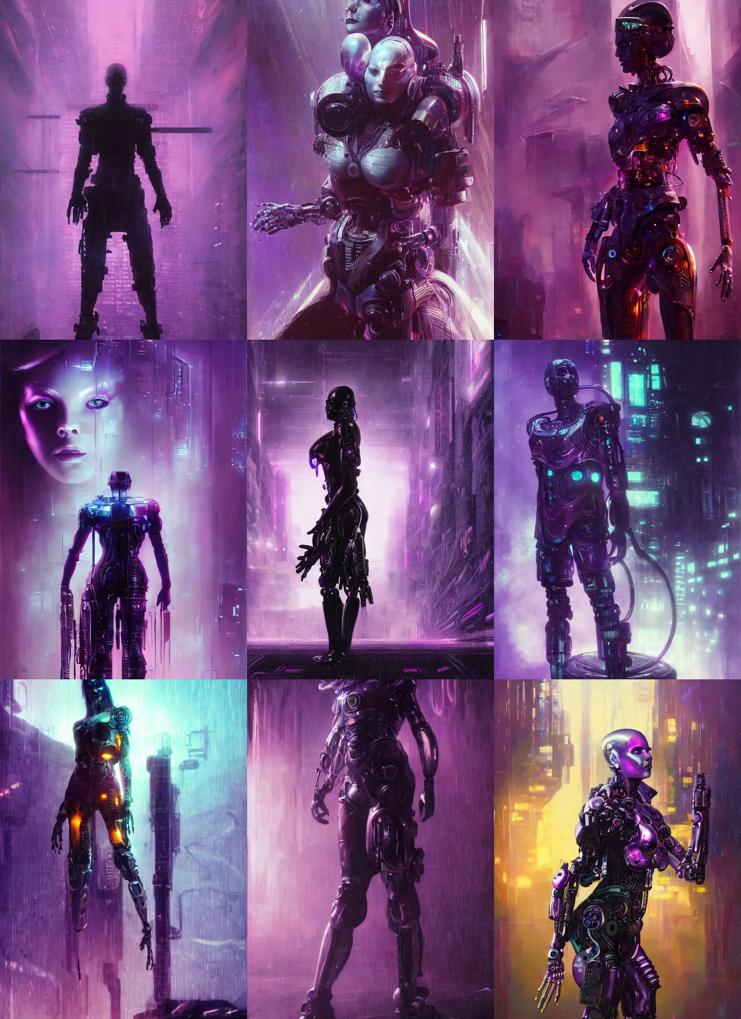Prompt: a still of a cyborg standing in front of a purple background, cyberpunk art by karol bak, ruan jia, moebius, shock art, reimagined by industrial light and magic, rainy, katana, darksynth