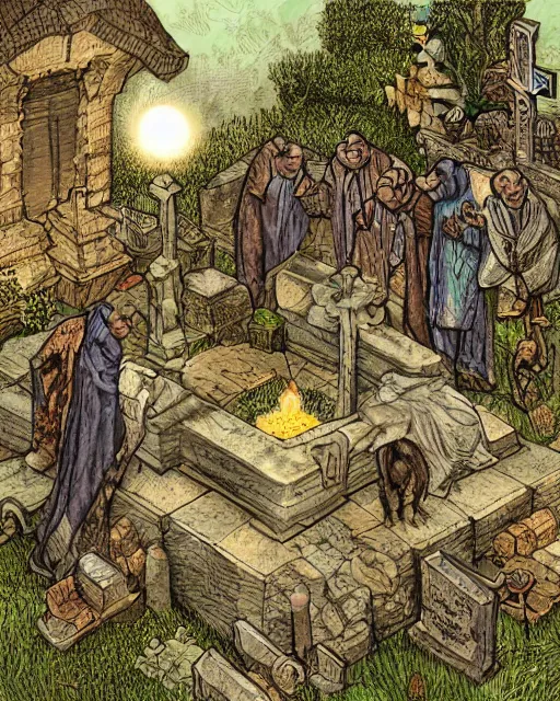 Prompt: monk possums at a medieval cemetery at night, highly detailed, digital art, isometric