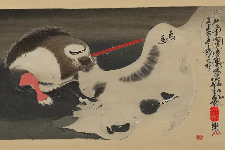 Image similar to baby harp seal as oni, Japanese painting, 1800