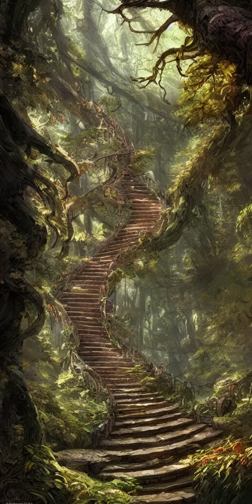 Prompt: a man, walking up a steep and winding staircase in magical woods. intricate, elegant, highly detailed, digital painting, artstation, concept art, sharp focus, illustration, by justin gerard and artgerm, 8 k