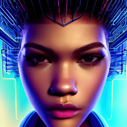 Prompt: full-length portrait of beautiful cyber beautiful Zendaya, cyberpunk, close-up, photorealistic, octane render, 35mm, beautiful big symmetric eyes, coherent, 4k, Unreal Engine, intricate details, concept art, volumetric lighting, trending or artstation, award winning, beautiful scenery, ray tracing