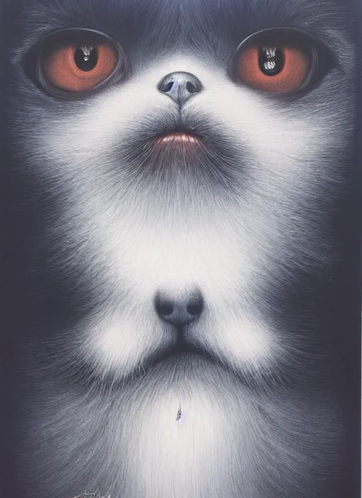 Image similar to beautiful matte airbrush portrait of a fuzzy face with sad eyes crying on a white background, 8 0's airbrush aesthetic, art by pater sato, ayami kojima and yoshitaka amano