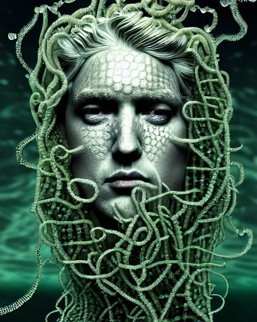 Image similar to surreal mythical dreamy underwater artistic bw photo of donald trump - medusa - cyborg covered with fish scales and algae, highly detailed, intricate crystal ivy jelly fish scales ornate, poetic, octane render, 8 k, photo - realistic, in the style of gustave dore and preraphaelites