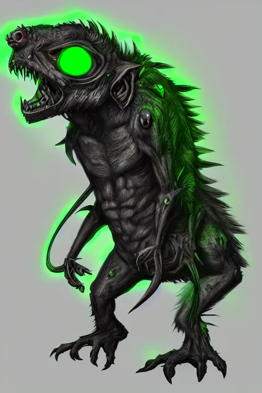 Image similar to a humanoid rat monster, green glowing eyes, highly detailed, digital art, sharp focus, trending on art station, skaven, anime art style