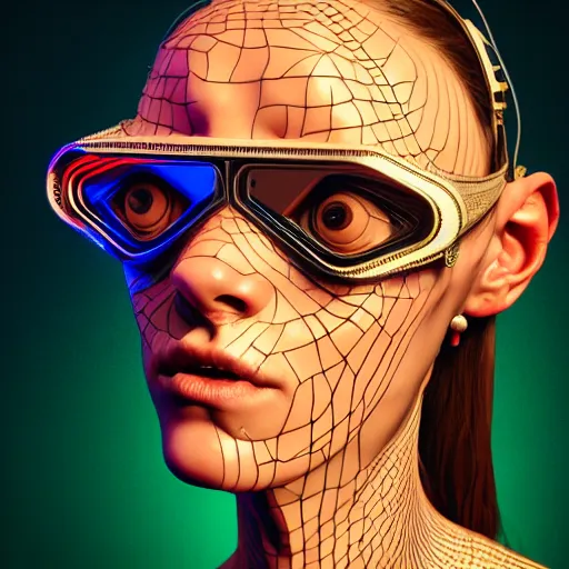 Image similar to Colour Caravaggio style Photography of Beautiful woman with highly detailed 1000 years old face wearing higly detailed cyberpunk VR Headset designed by Josan Gonzalez Many details. . In style of Josan Gonzalez and Mike Winkelmann andgreg rutkowski and alphonse muchaand Caspar David Friedrich and Stephen Hickman and James Gurney and Hiromasa Ogura. Rendered in Blender, volumetric natural light