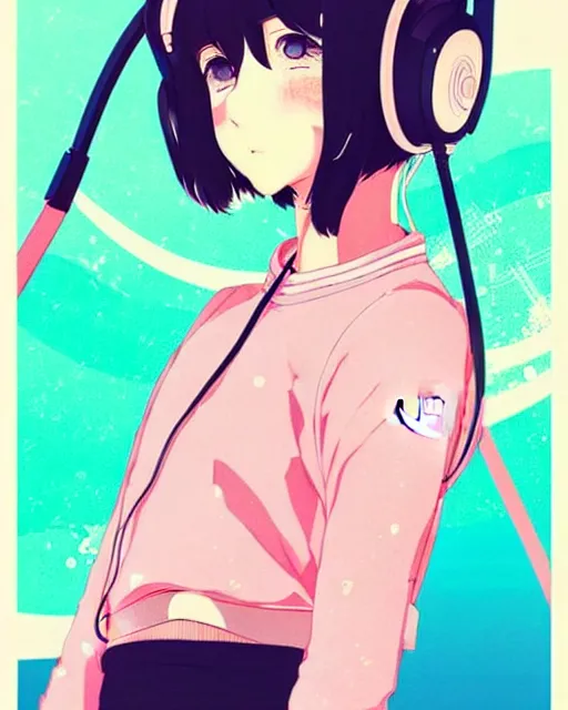 Image similar to girl wearing headphones, city background, very anime!!! anime!! intricate details, pleasing pastel colors, poster background, art by conrad roset and ilya kuvshinov